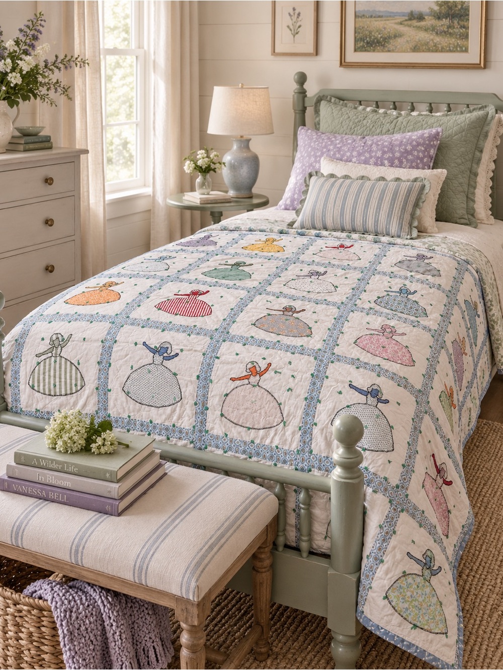 Vtg Handcrafted Southern Belle Appliqué Quilt Cottage Heirloom Bedding#08152610